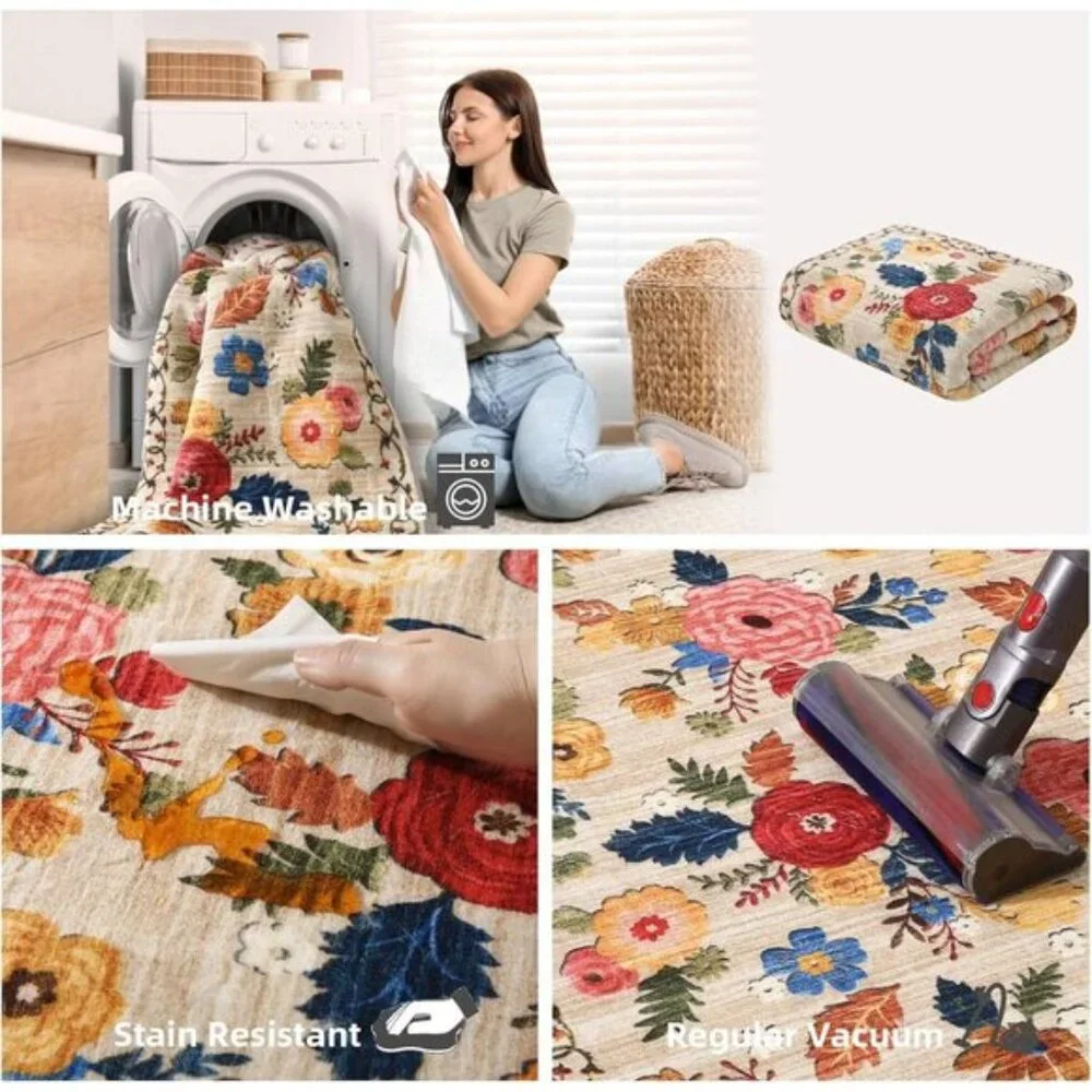 2x6 Washable Kitchen Runner, Non-Slip Low Pile Floral Rug for Hallway & Entry